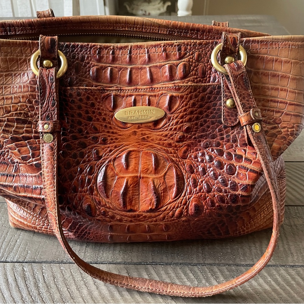Brahmin Tan Crocodile Leather Zip Medium Handbag